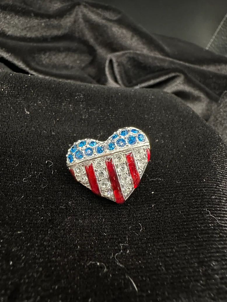 Swarovski Crystal American Flag Heart Brooch Red White Blue Rhinestone Patriotic Pin