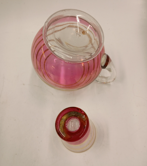 1950s–1960s Macbeth Evans Pink Glass Pitcher Set Gold Stripe 6 Glasses Depression Era